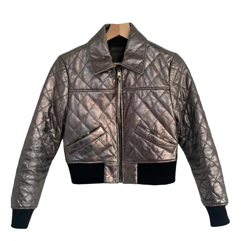 All Saints Metallic Quilted Bomber Jacket
